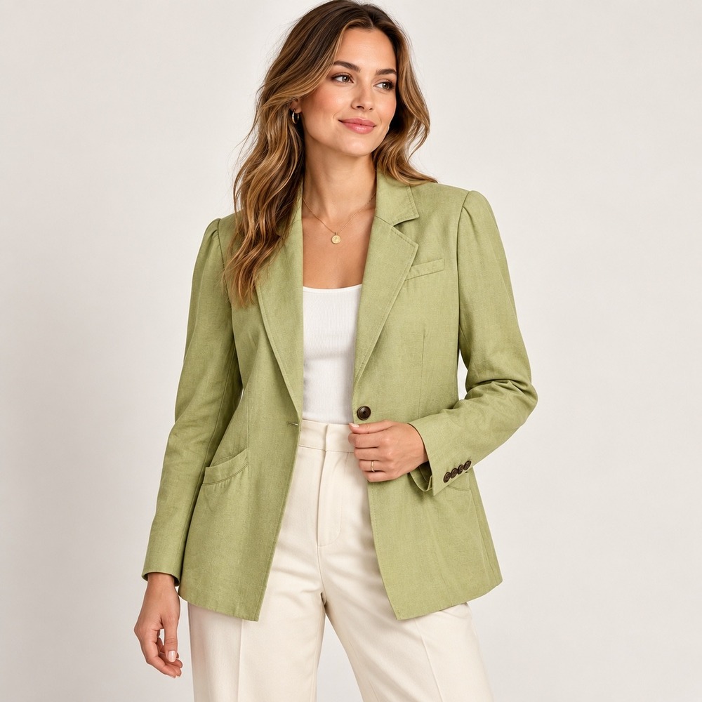 Paige Genova Linen Blend Blazer Pale Olive Sage Green Size 8 Single Button Work